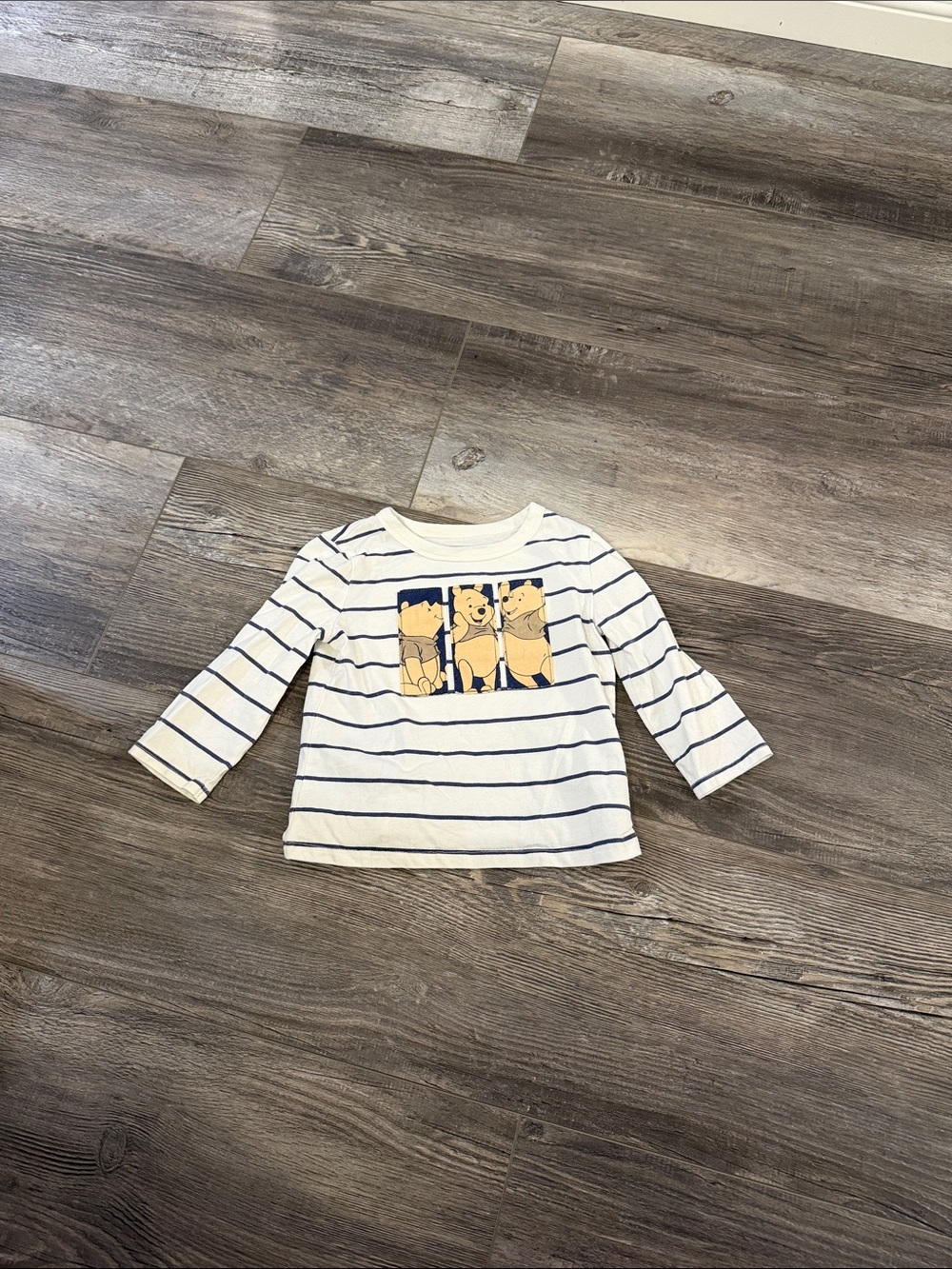 Disney Kids Striped Long-Sleeve Shirt with Cartoon Bear Graphic - Cream & Navy